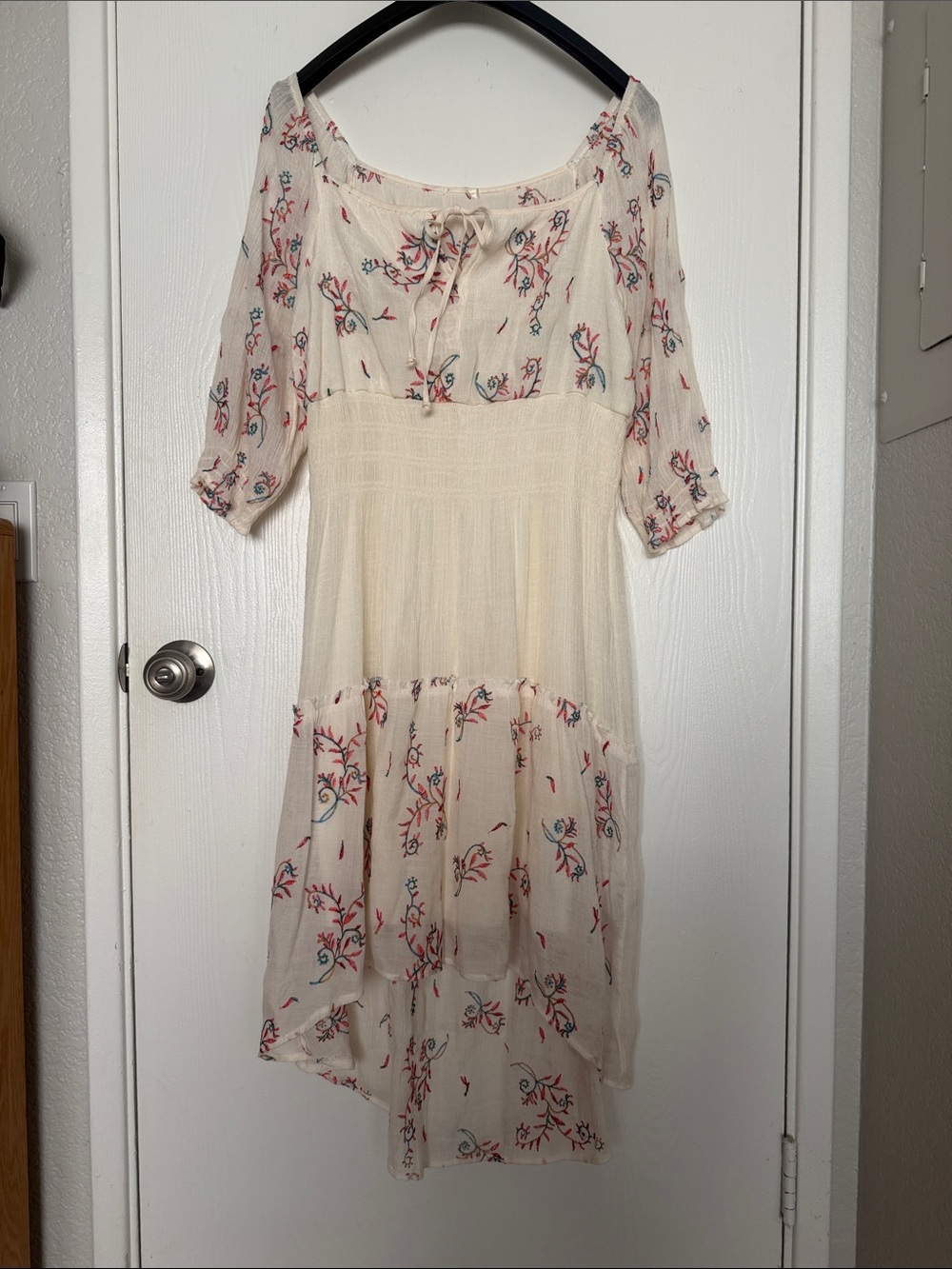Boho Cream Midi Dress with Red & Blue Floral Print